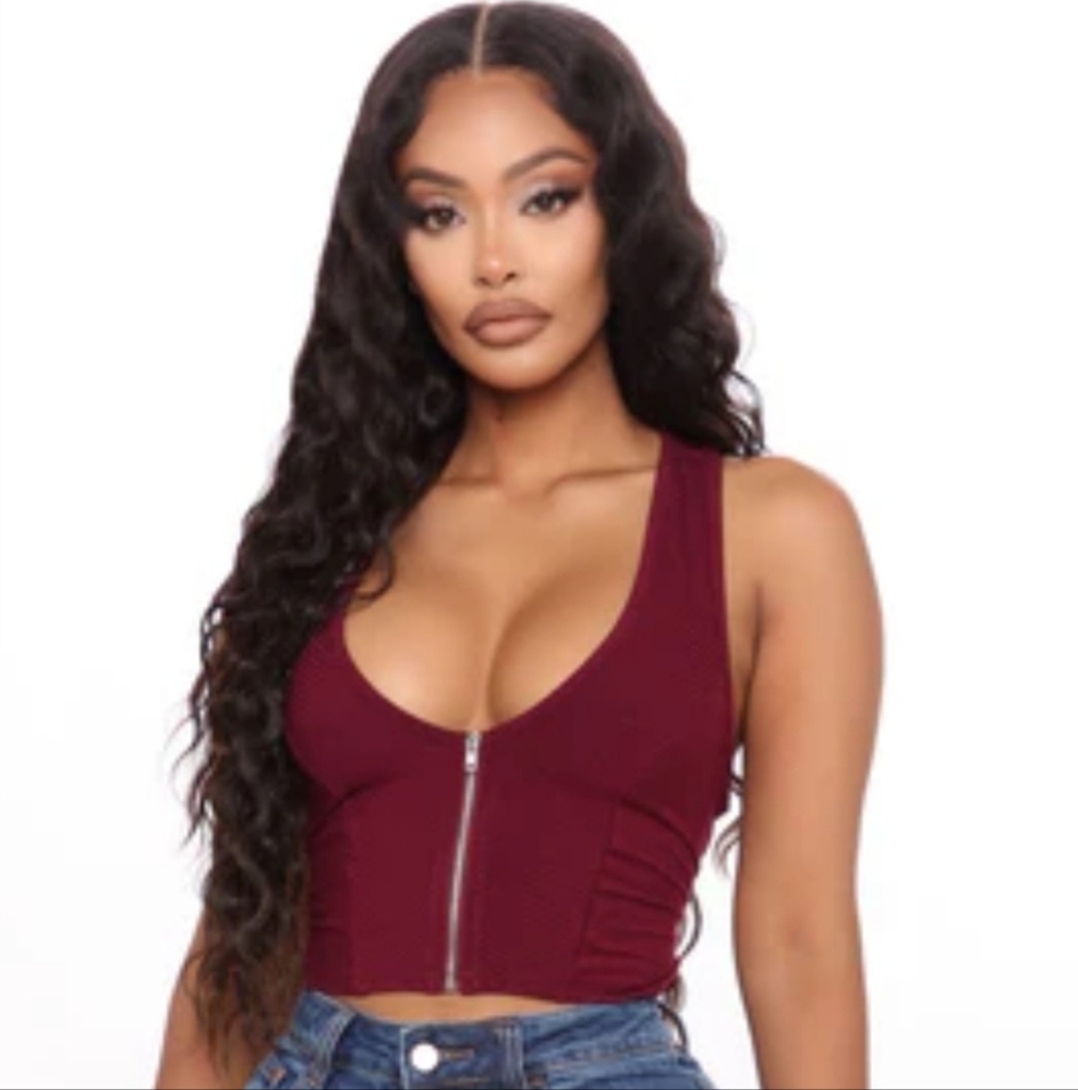 Fashion Nova Burgundy Crop Top, Zipper Front Racerback